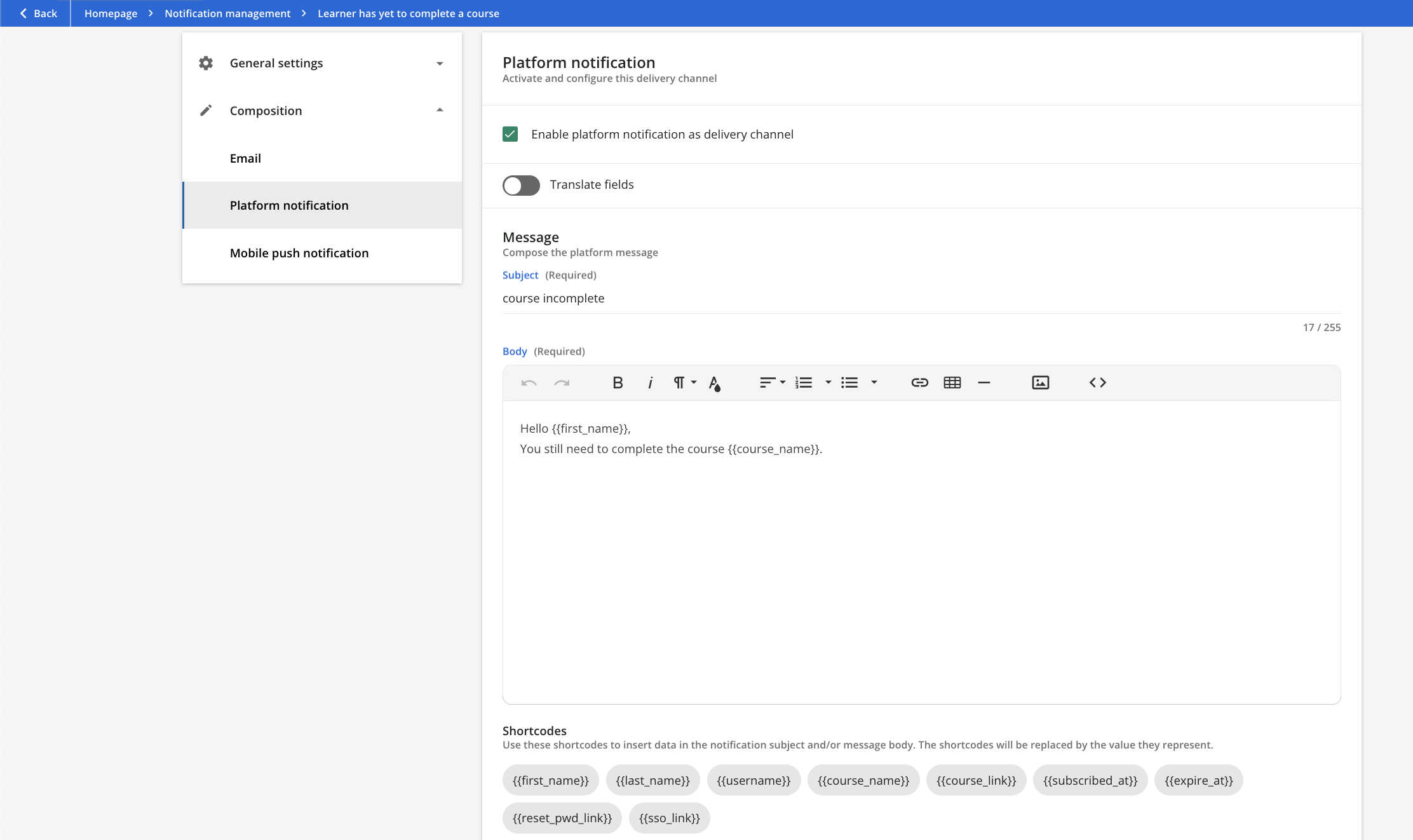 Writing the notification message.