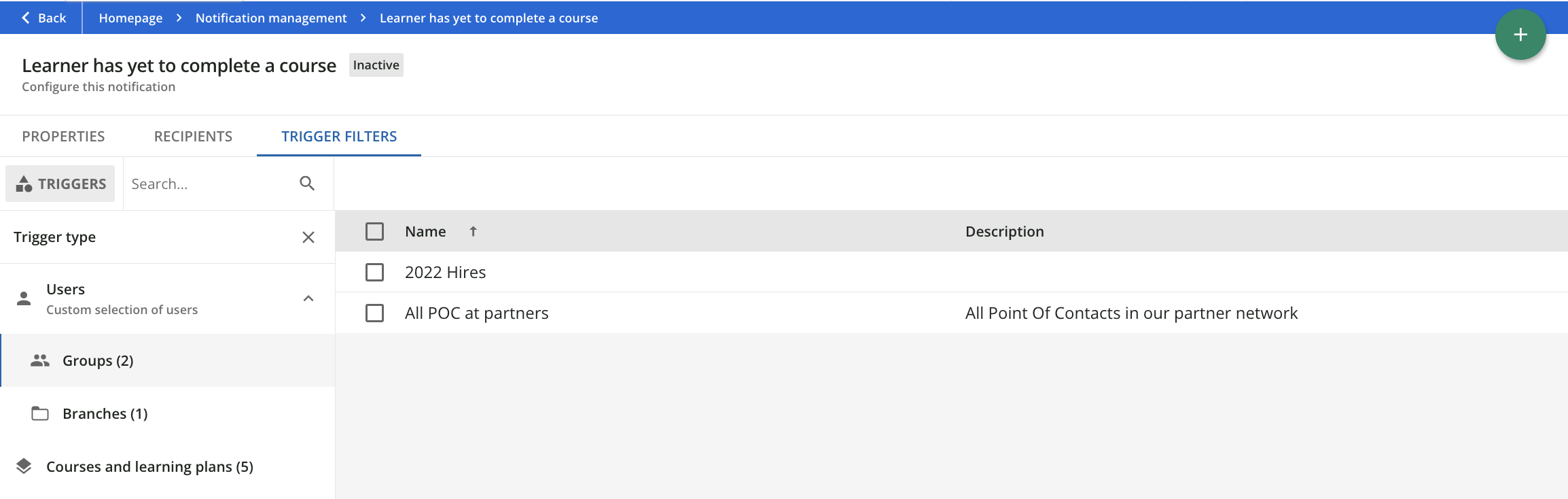 Setting trigger filters for a notification.
