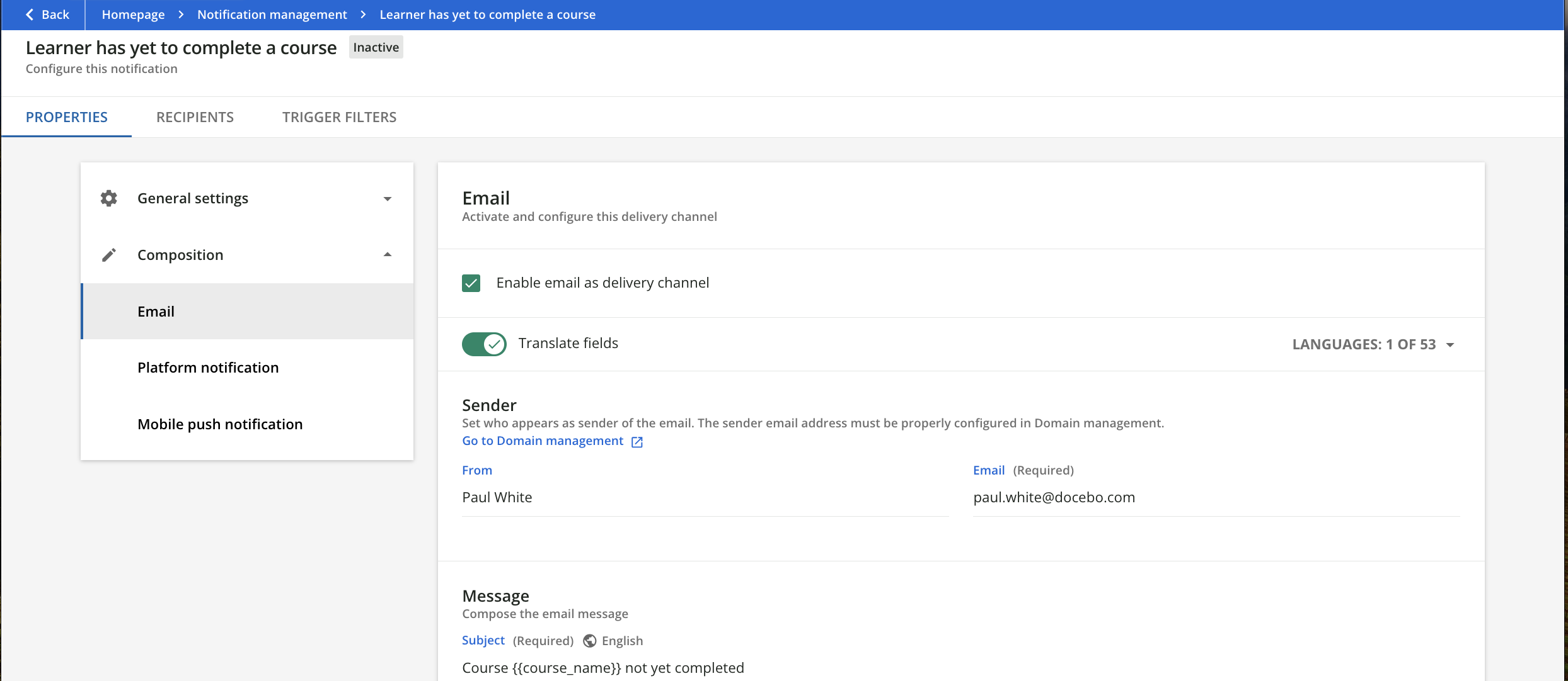 Configuring delivery channels for notifications.