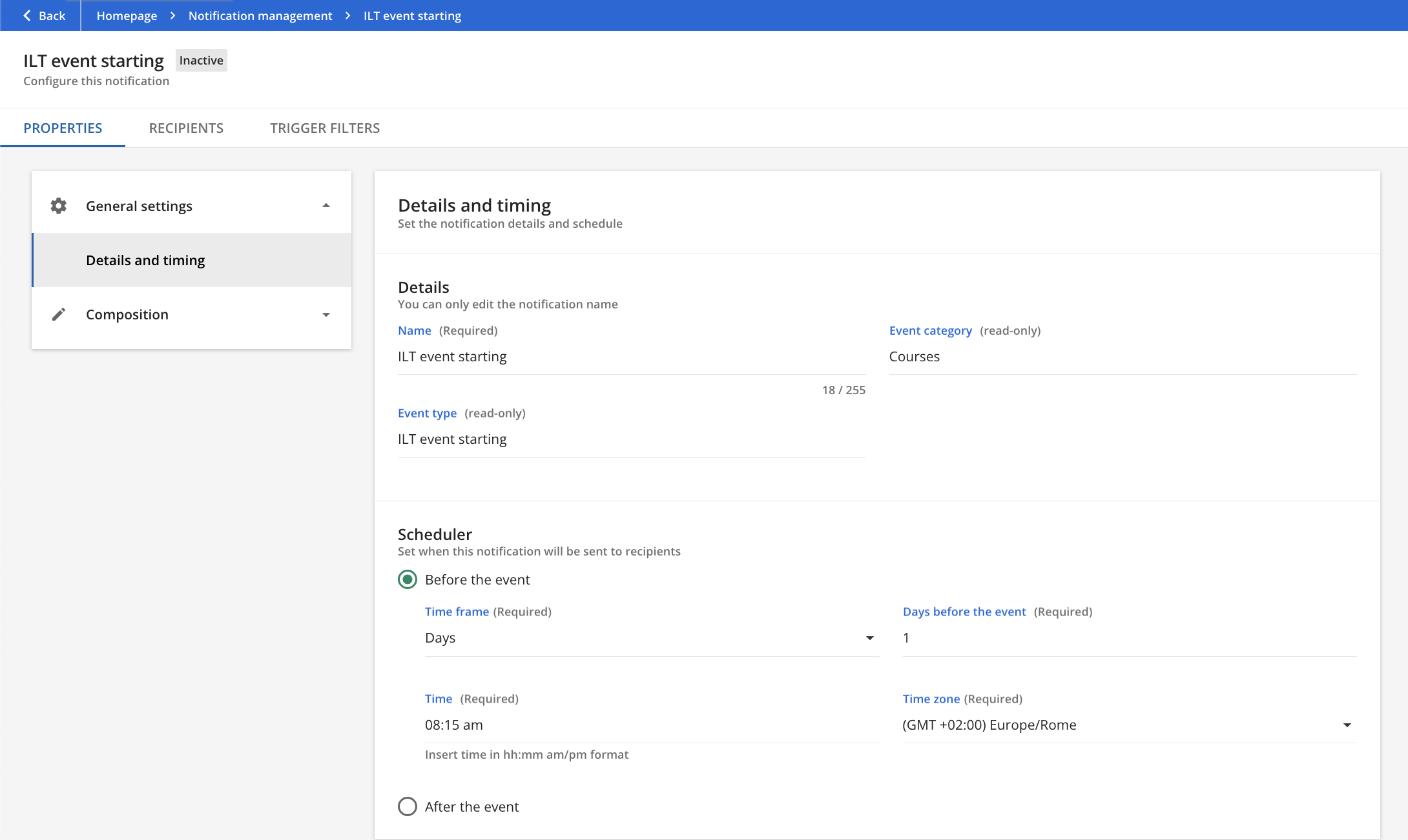 Configuring the details and timing of a notification.