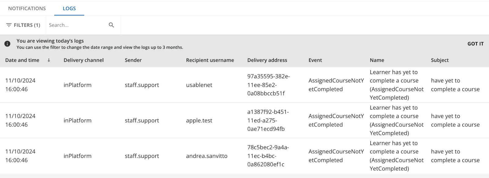 Checking the notifications logs.
