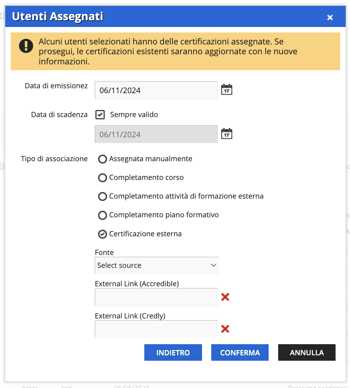 Assegnare certificazioni esterne