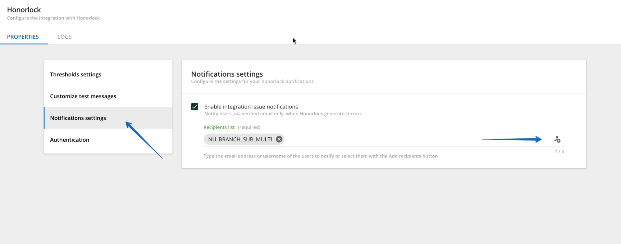 Configuring integration notifications