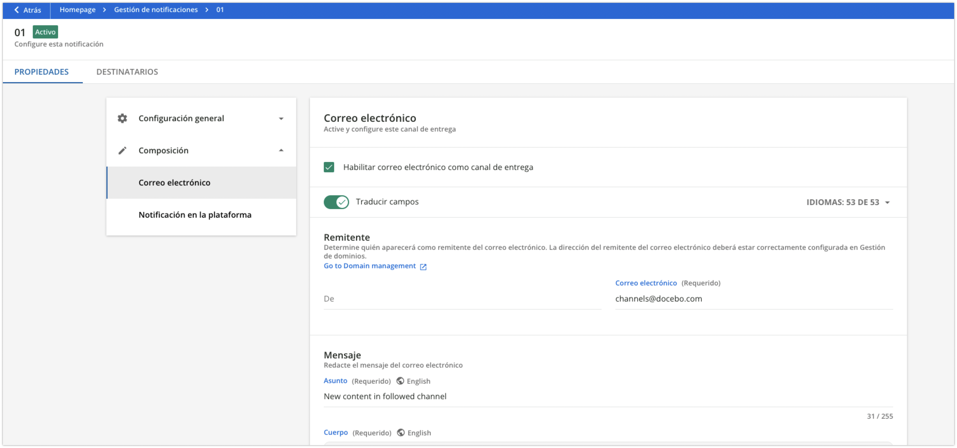 Canales de entrega de las notificaciones
