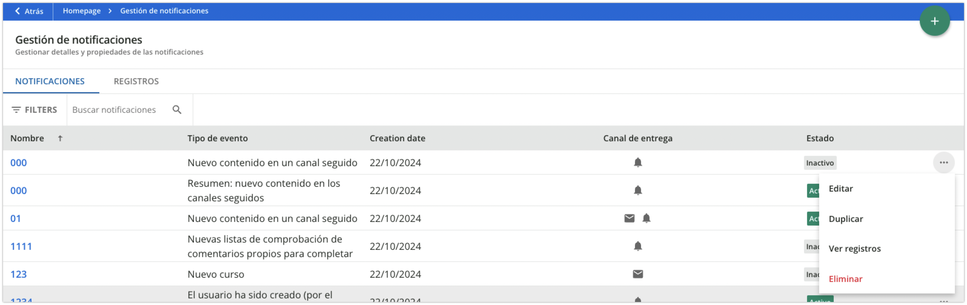 Página principal Notificaciones y opciones
