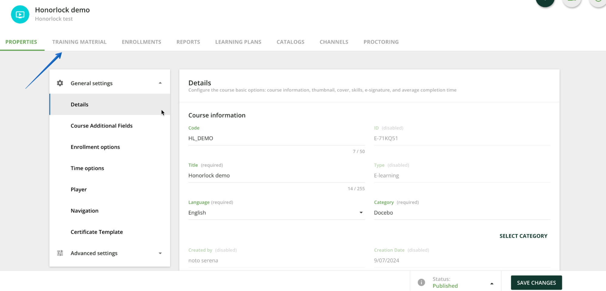 Accessing the training material tab