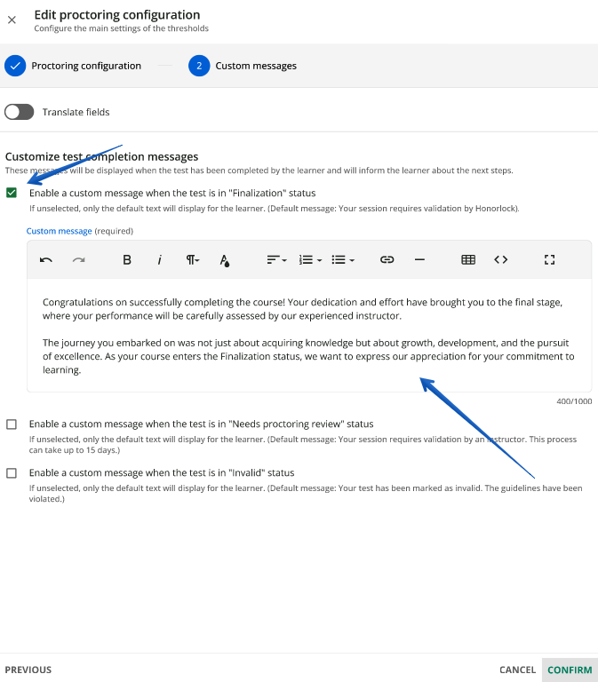 Selecting a message for customization