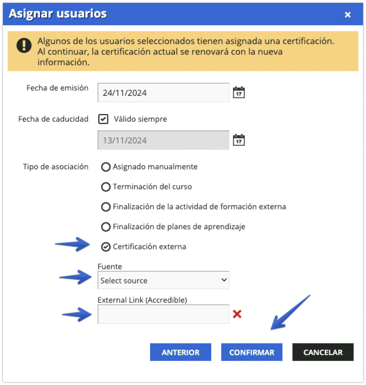Ventana emergente Asignar usuarios