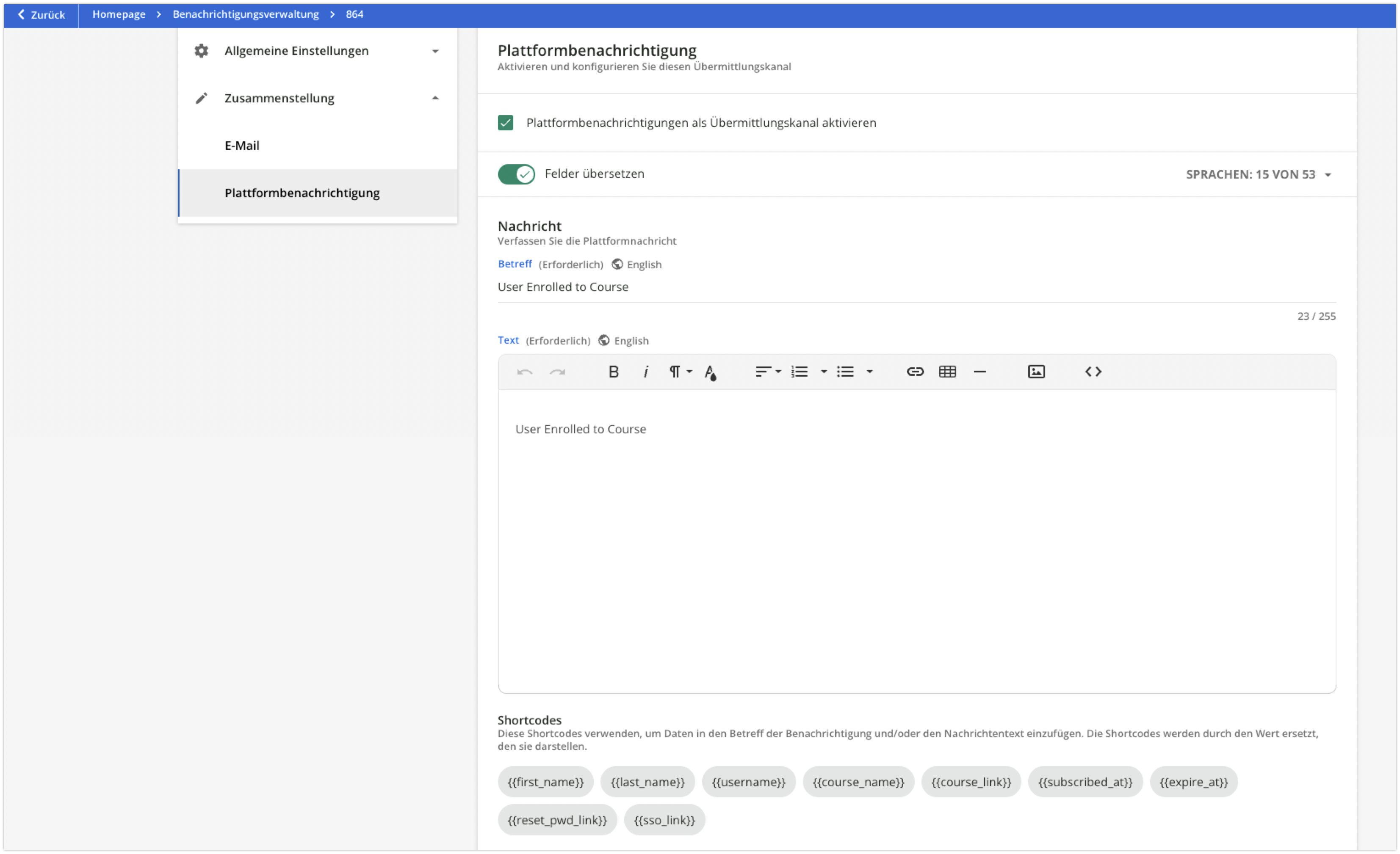 Nachrichtsbereich mit Shortcodes