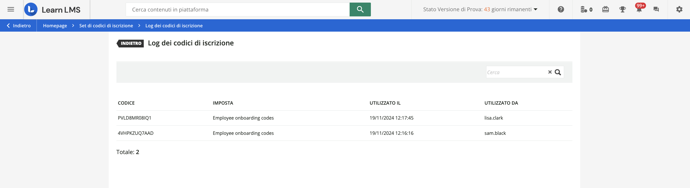 Lod dei codici di iscrizione.