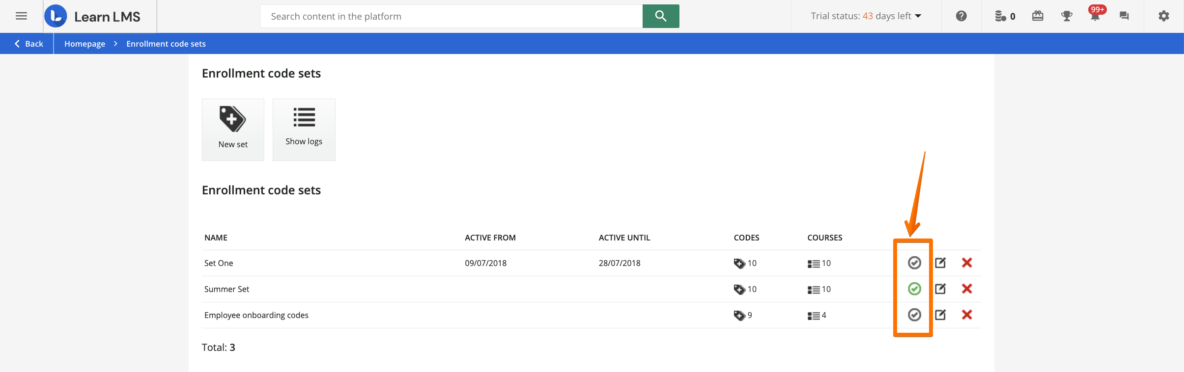 Enrollment code set status icon