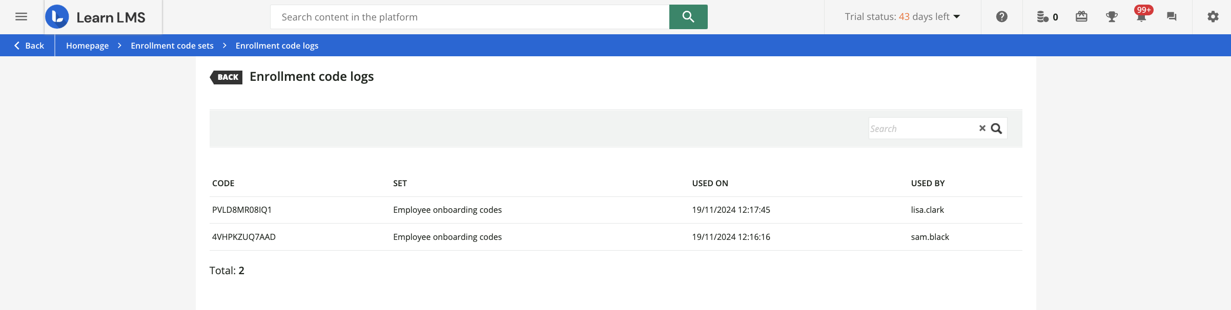 Enrollment code logs