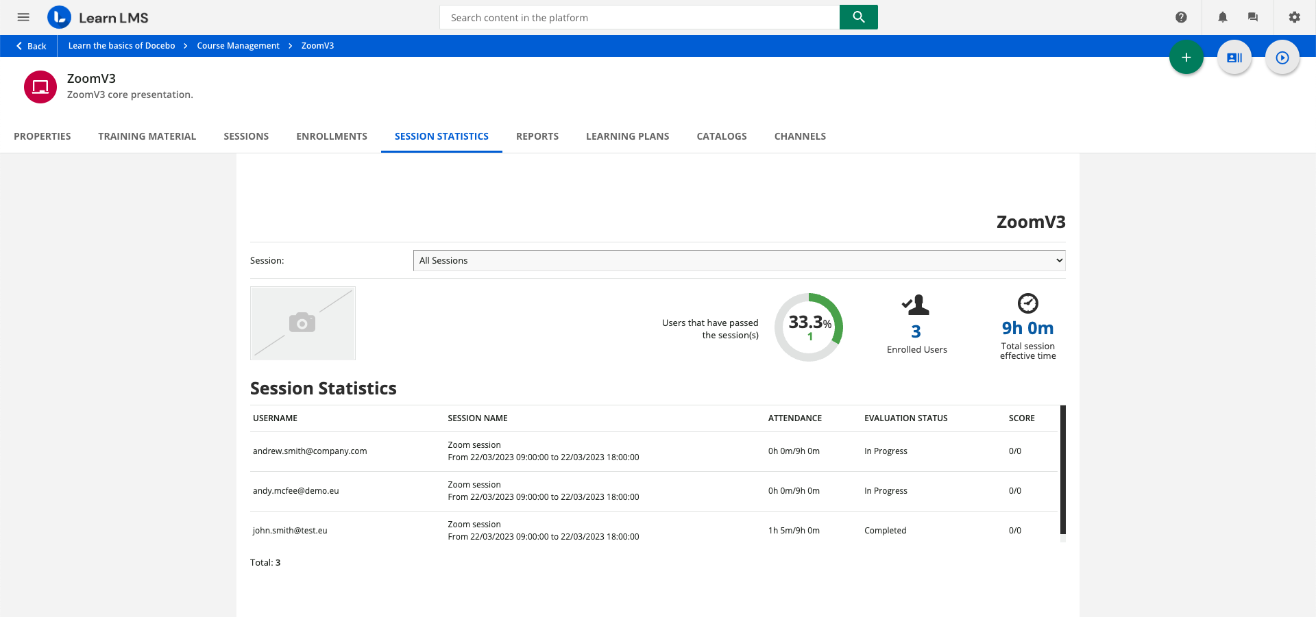 Viewing the session statistics