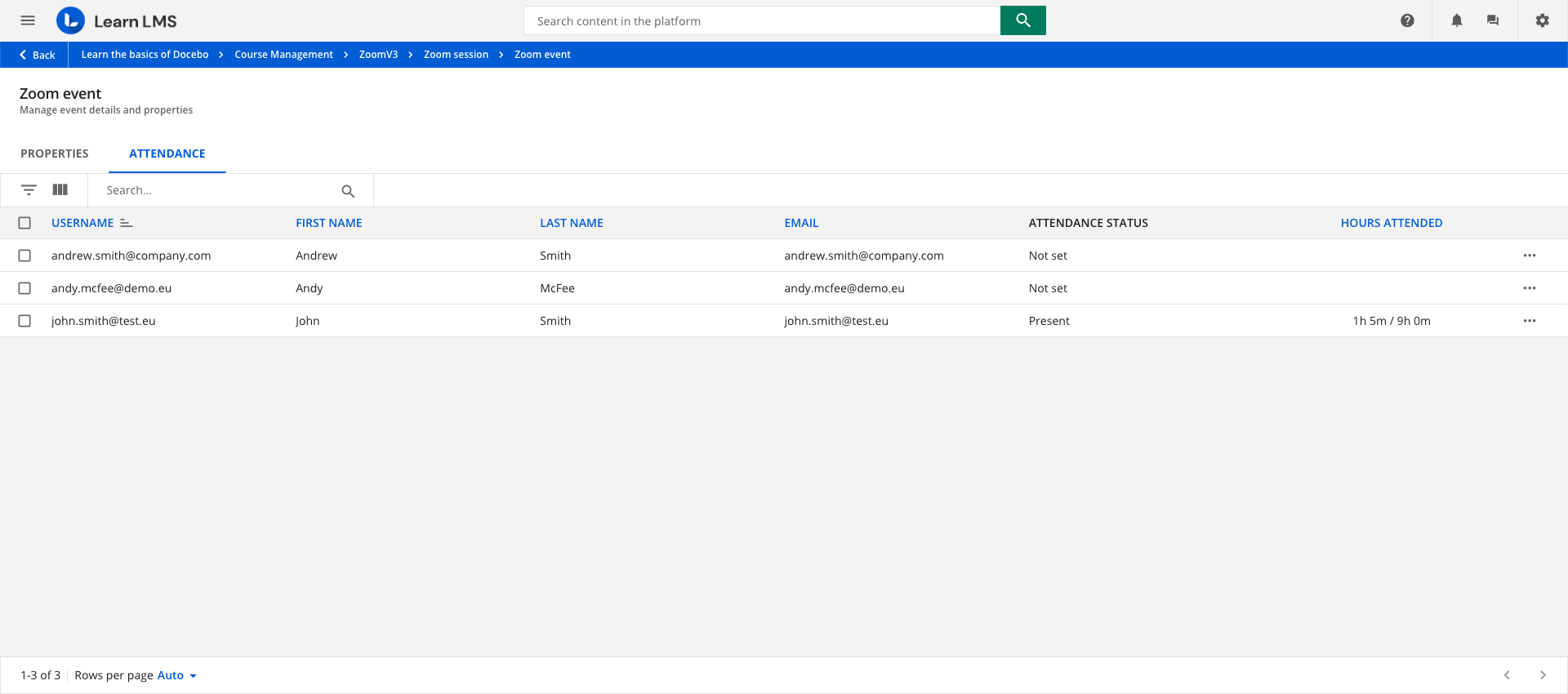 Viewing the Attendance tab in the event details