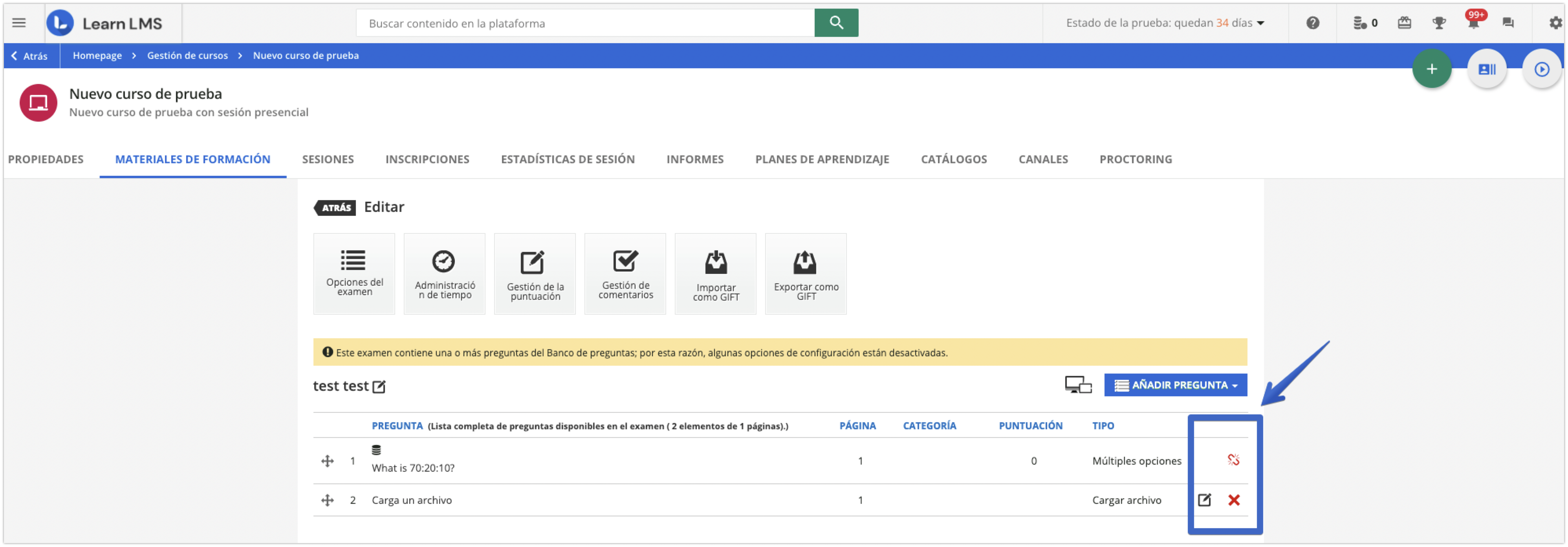 Opciones de los exámenes
