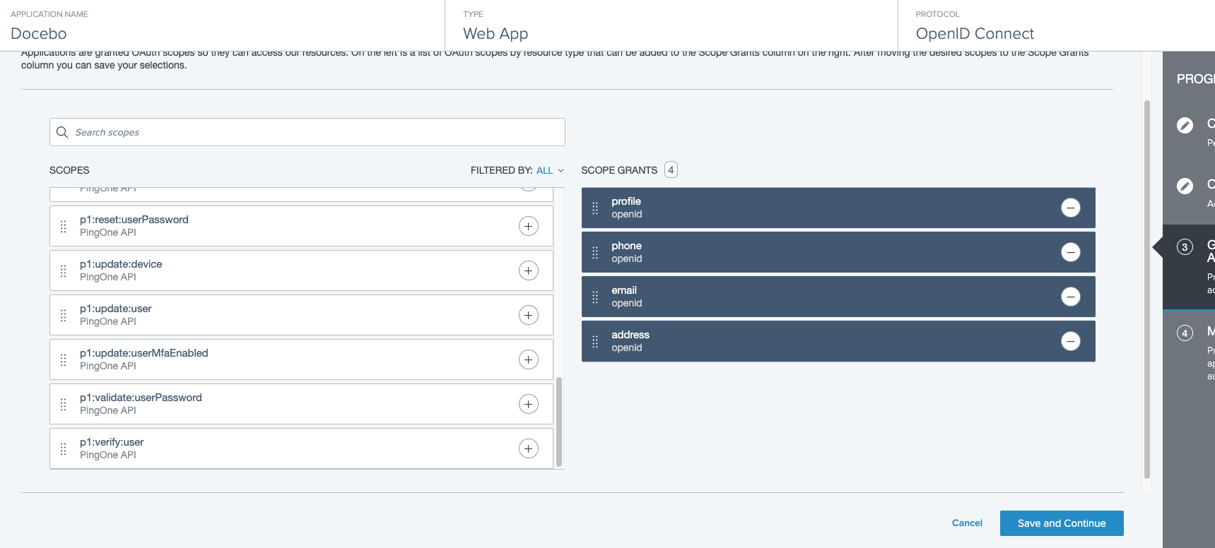 Ping Identity - Scelta scopi OIDC