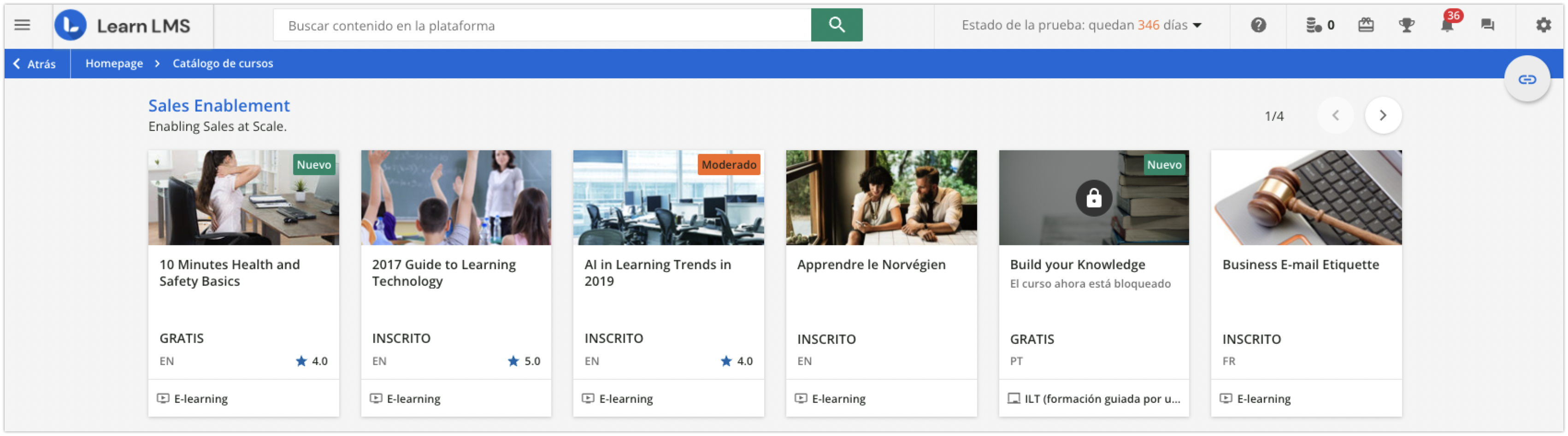 Página Catálogo de cursos