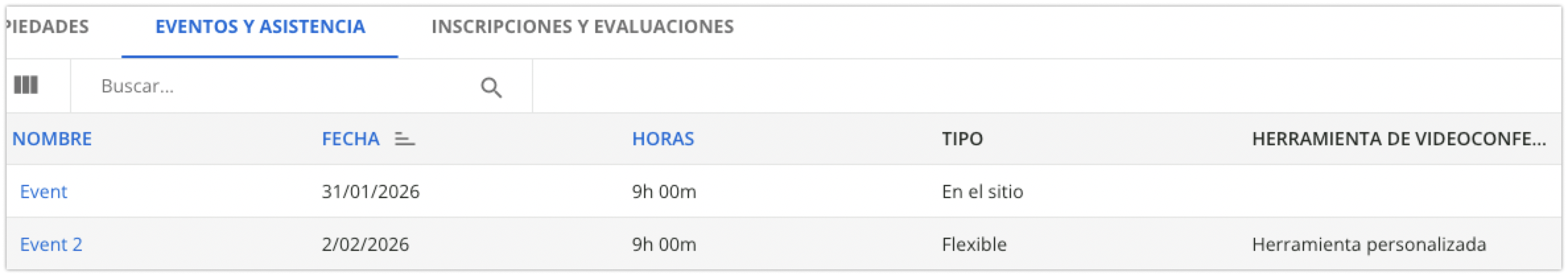 Lista de eventos de una sesión