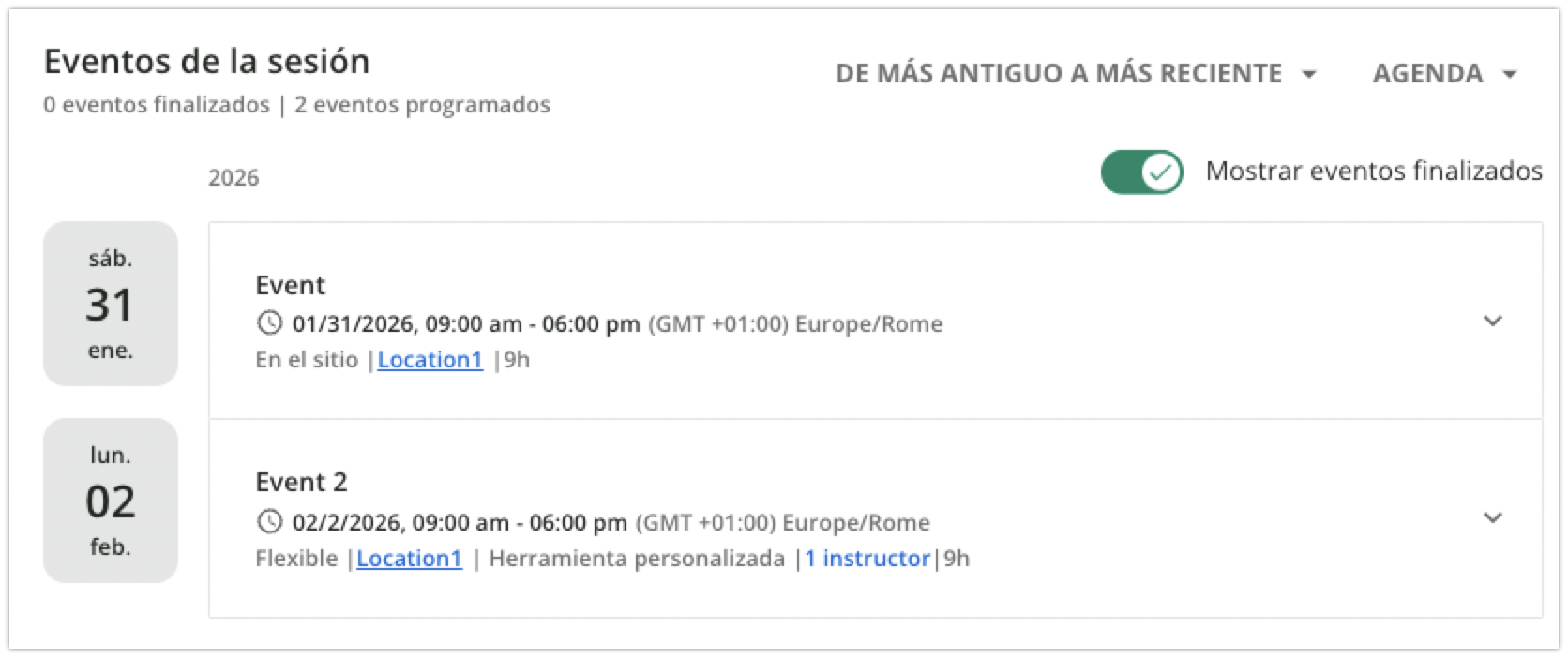 Eventos en los eventos de la sesión