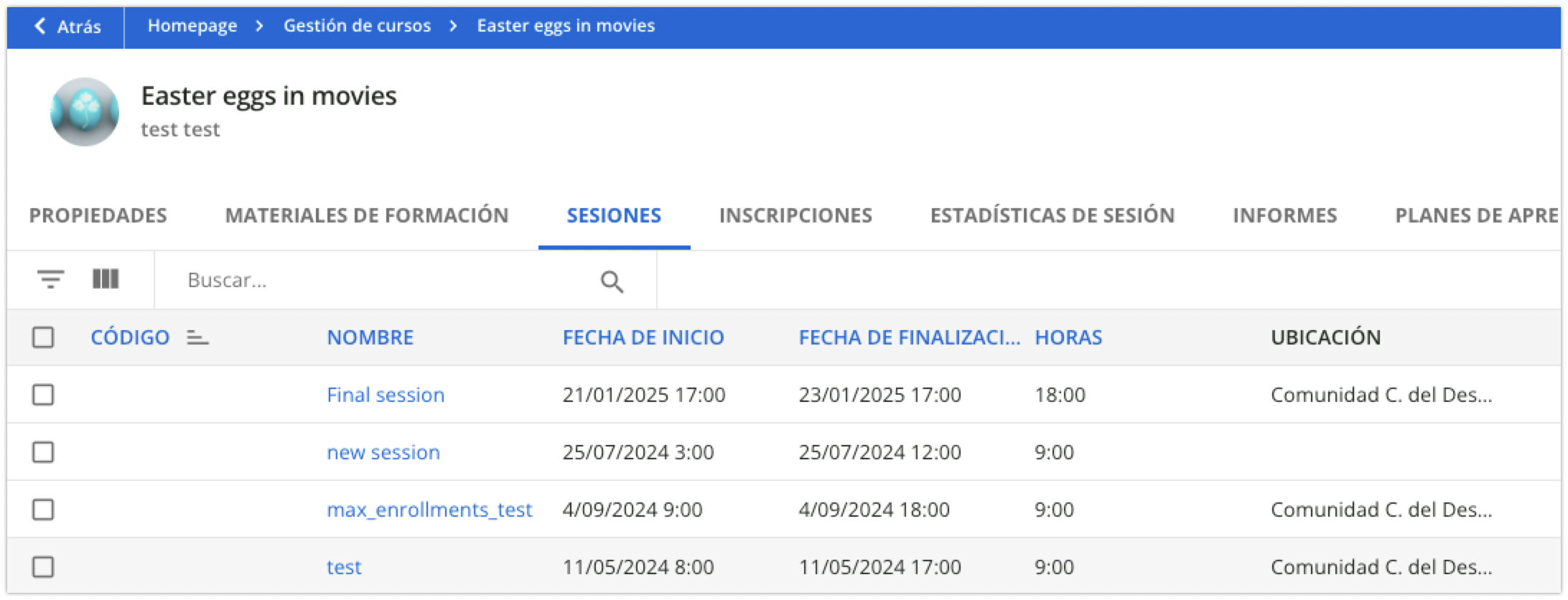 Sesiones en la pestaña Sesiones