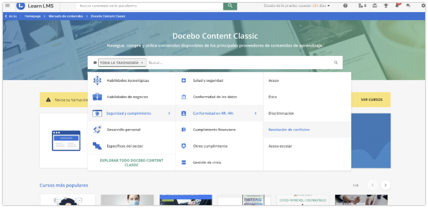 Categorías en Docebo Content Classic