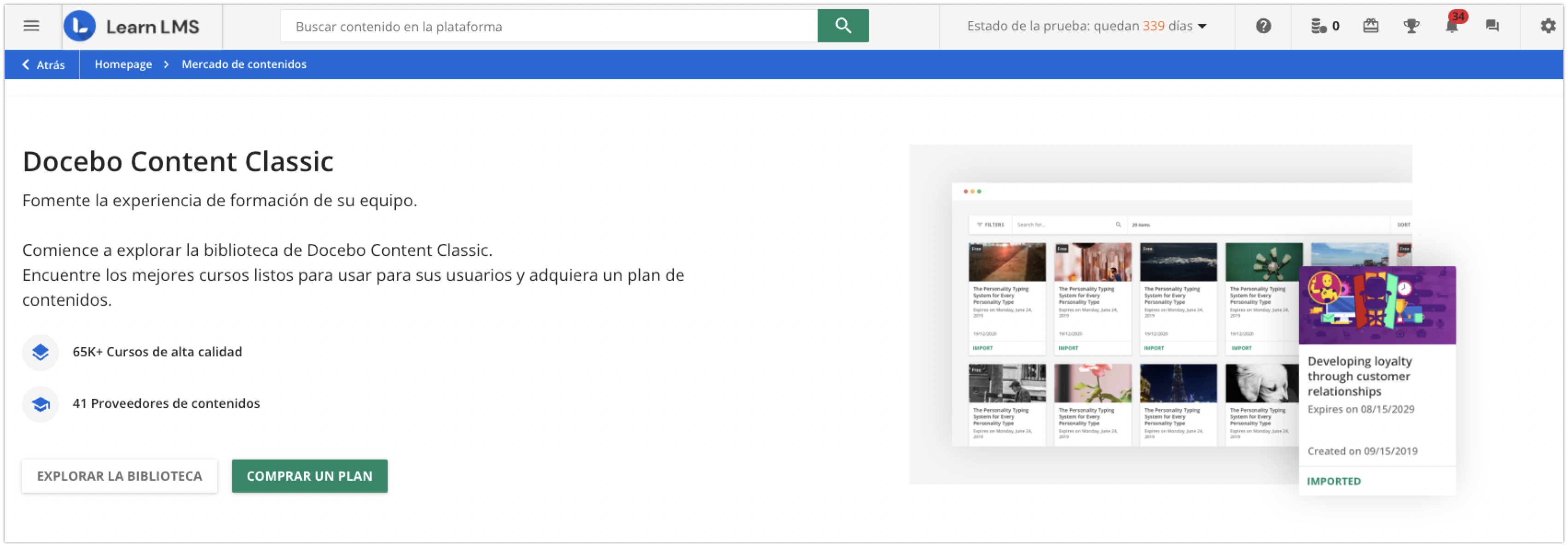 Docebo Content Classic en el Mercado de contenidos