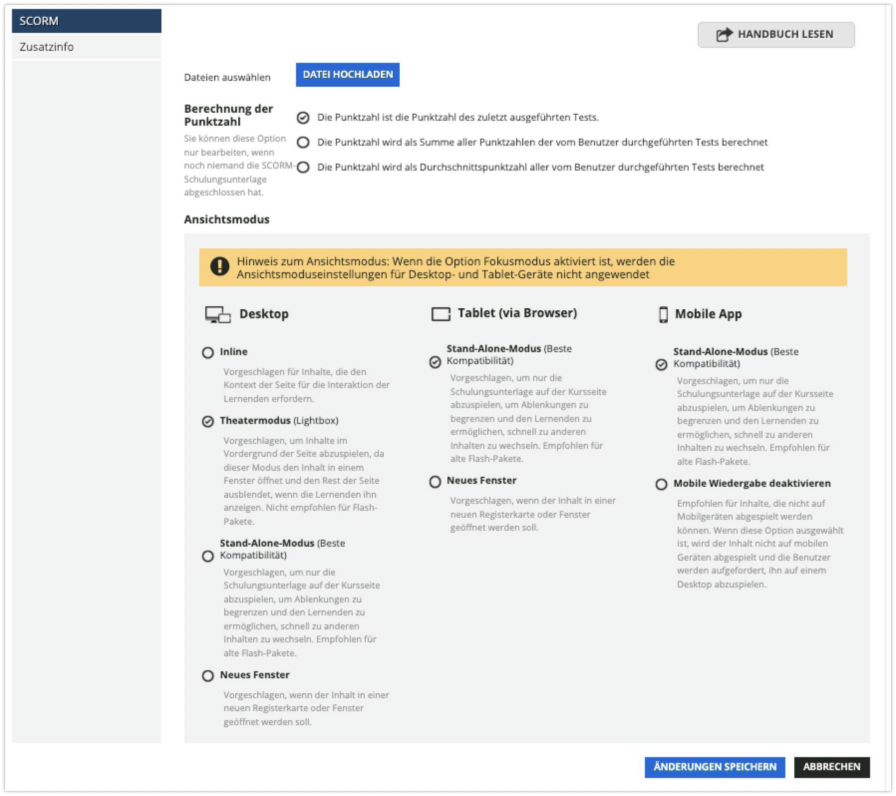 SCORM-Konfigurationsbereich