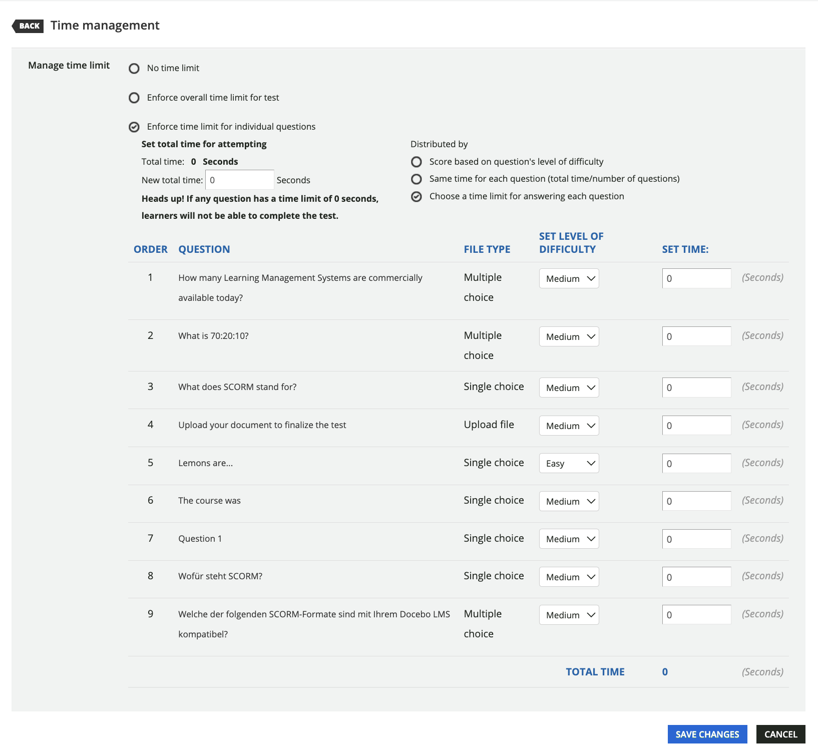 Enforce time limits for each questions