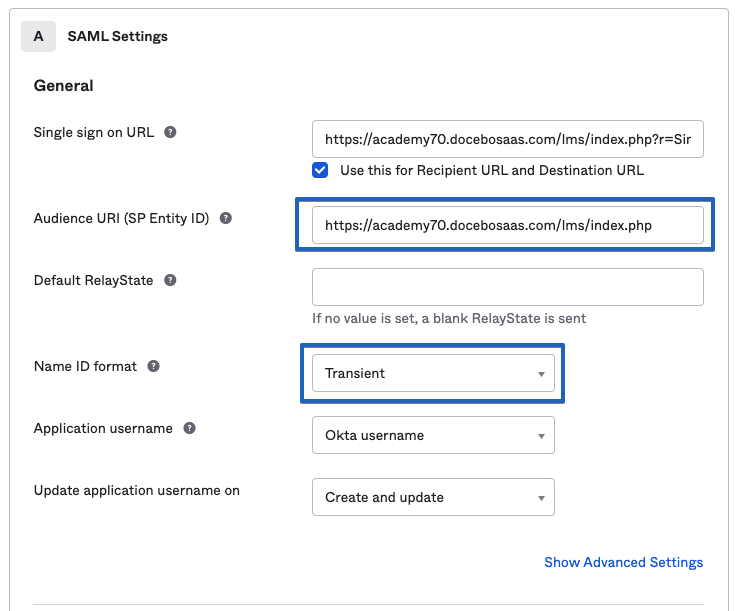 Entering the settings in SAML