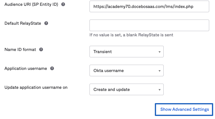 Show advanced settings in Okta