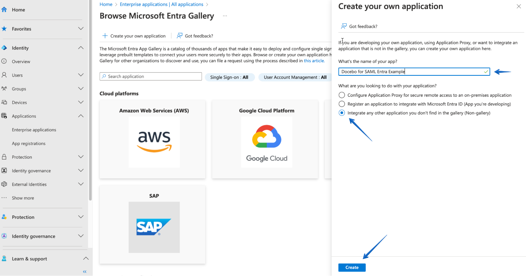 Naming the application, choosing Integrate any other application you don't find in the gallery (non-gallery) option and pressing the Create button