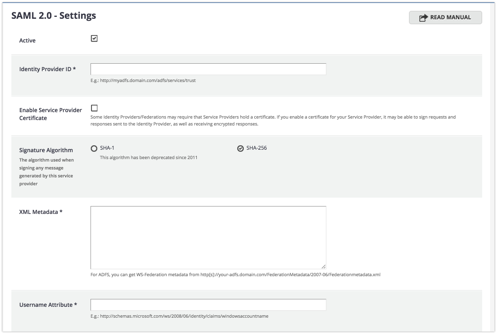 The Docebo SAML 2.0 settings screen