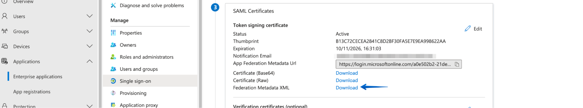 Downloading the Federation Metadata by pressing the Download link