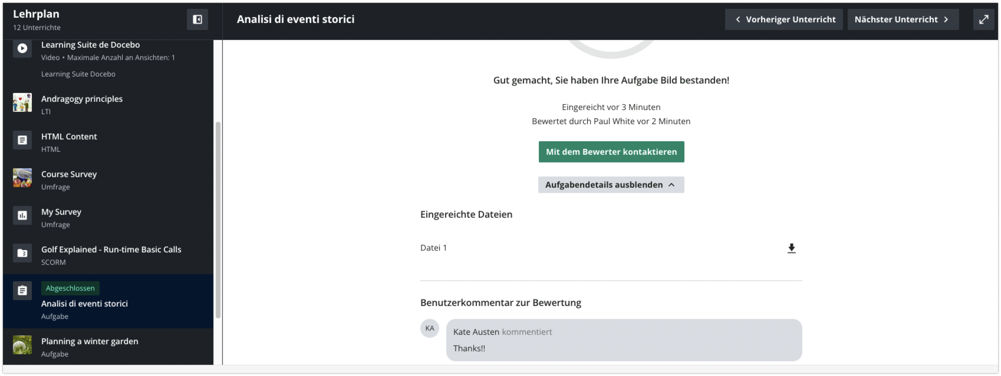 Eingereichte Aufgabe im Lehrplan