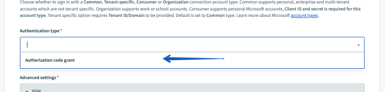 Choosing the authentication type