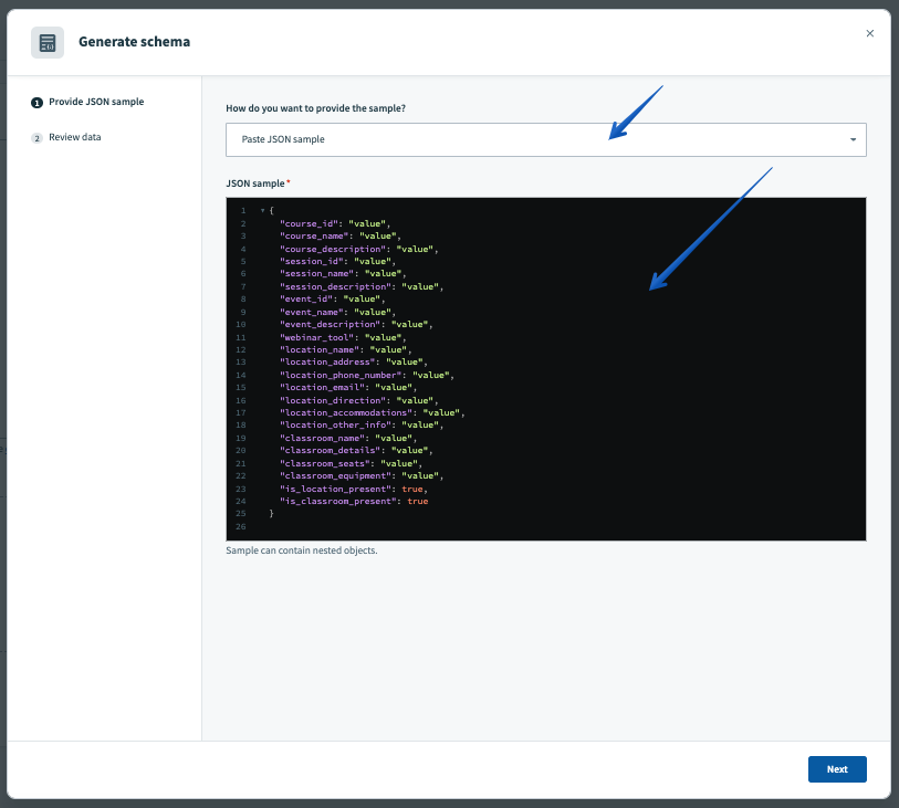 Pasting the JSON sample schema