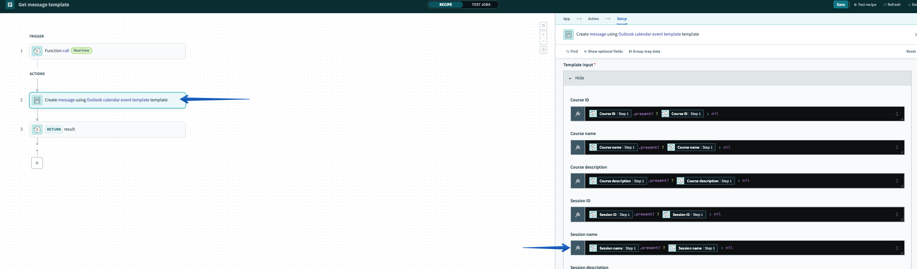 Locating the Session name data pill in the Get message template recipe
