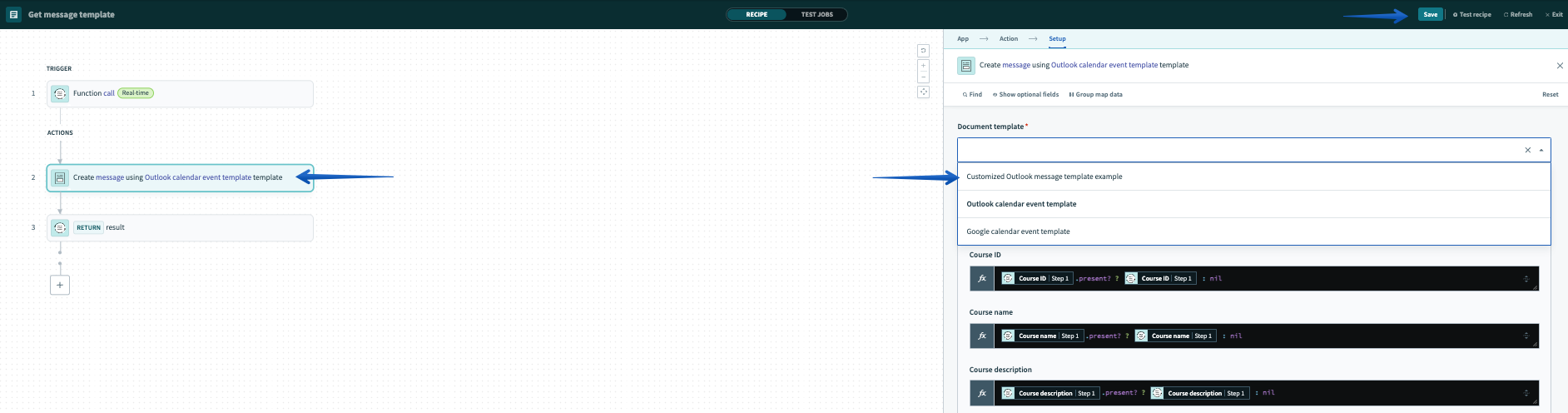 Selecting the custom template in the recipe
