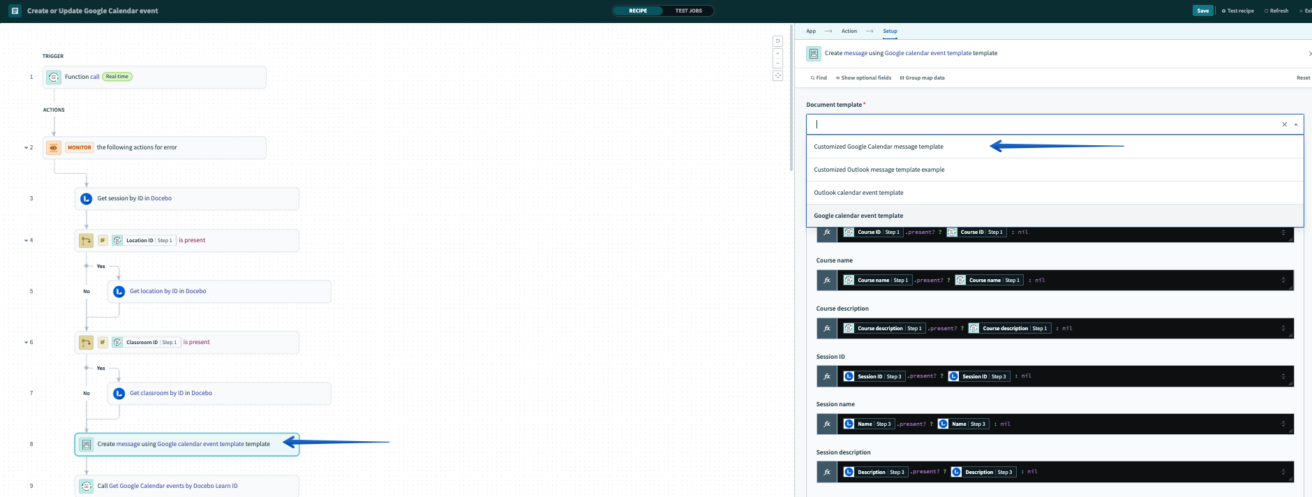 Selecting the custom template in the recipe
