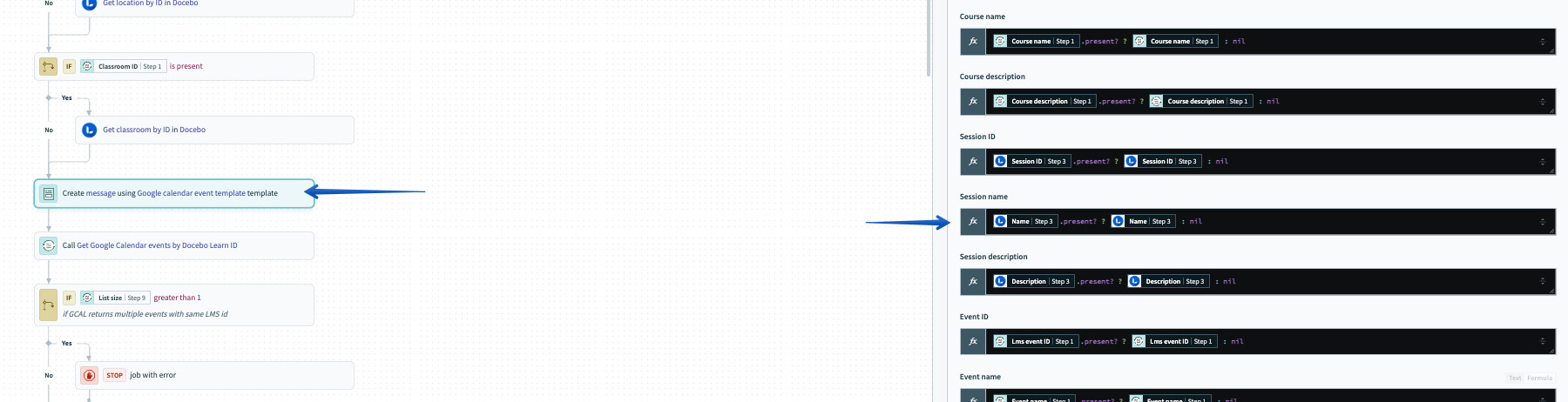 Locating the Session name data pill in the Create message using Google calendar event template recipe
