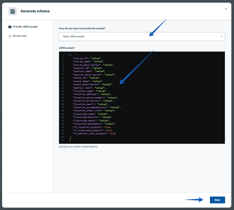 Pasting the JSON sample schema