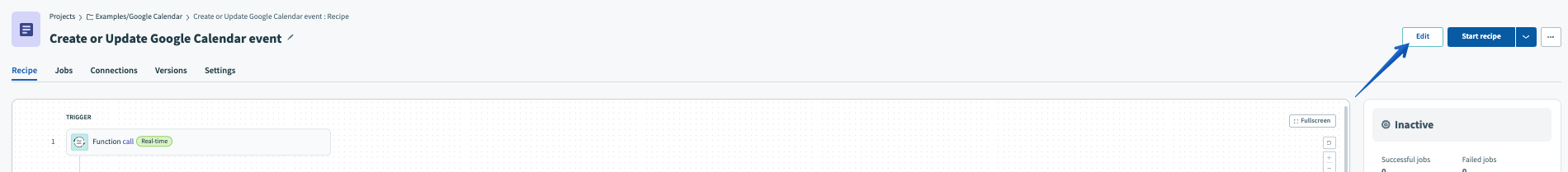 Pressing Edit in the Create or Update Google Calendar event recipe