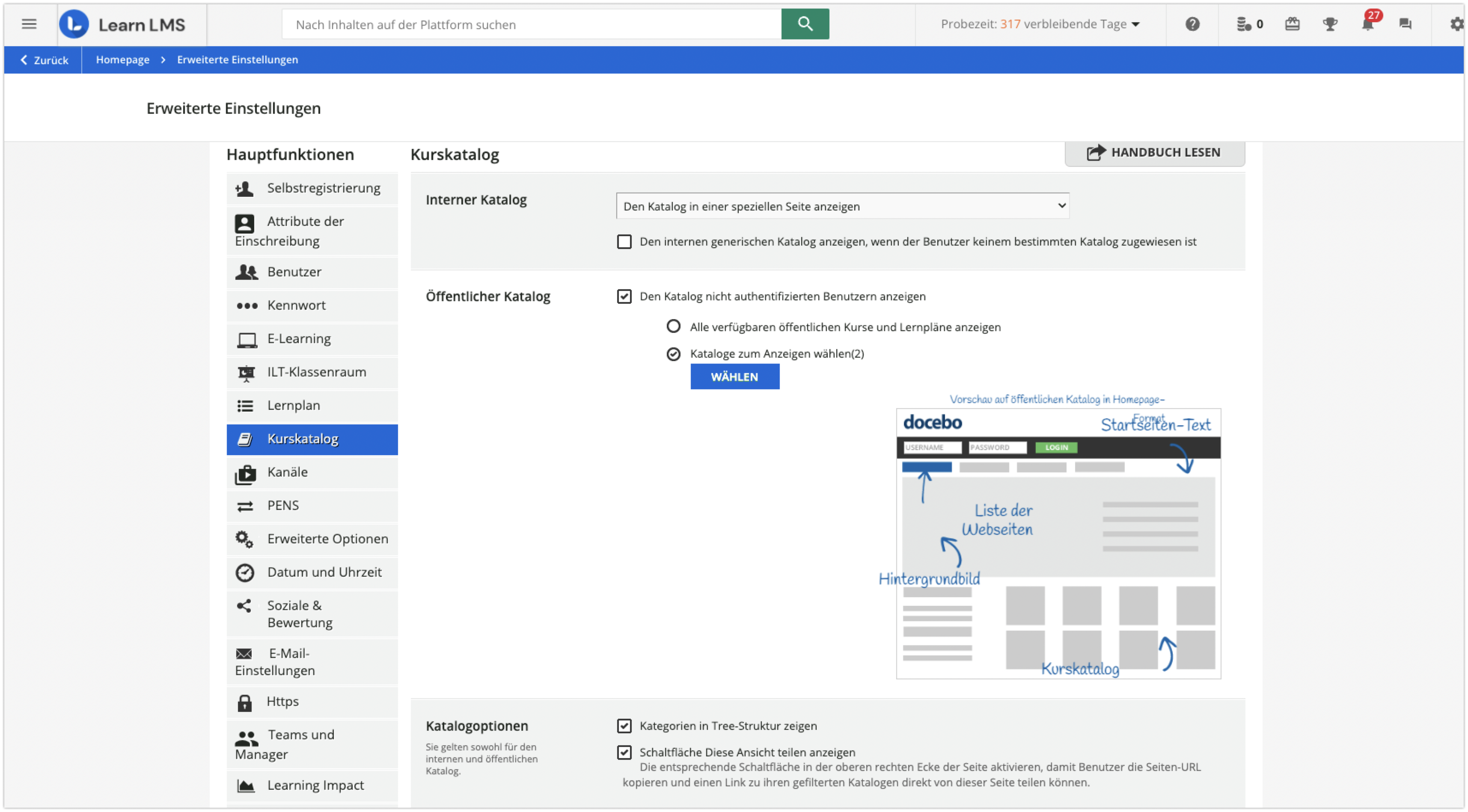 Vertikale Registerkarte Kurskatalog in den Erweiterten Einstellungen