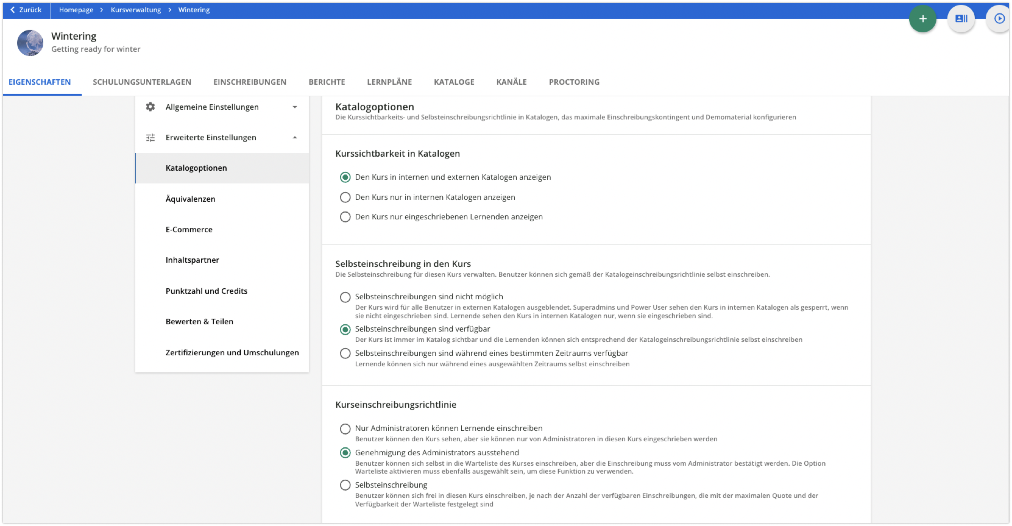 Katalogoptionen für einen Kurs