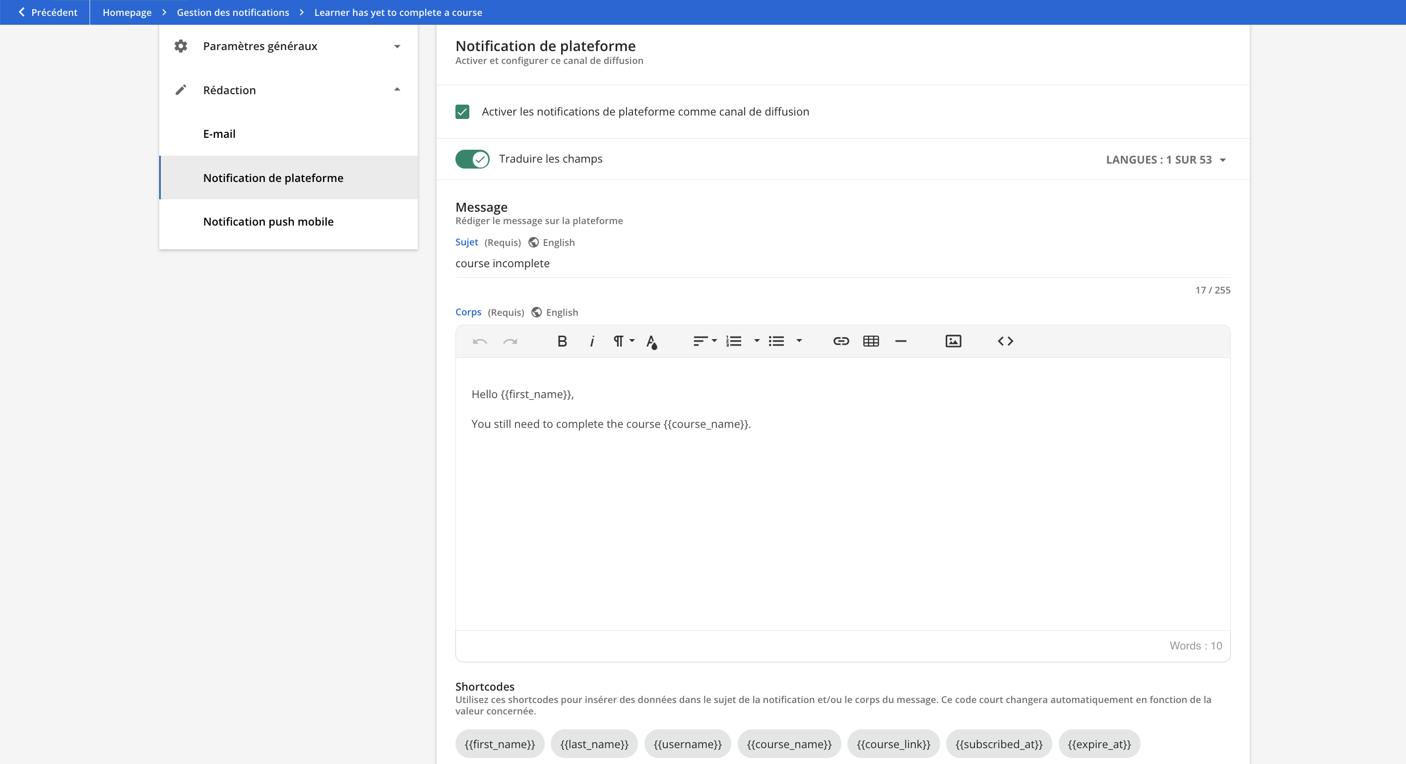 Rédiger une notification de plateforme