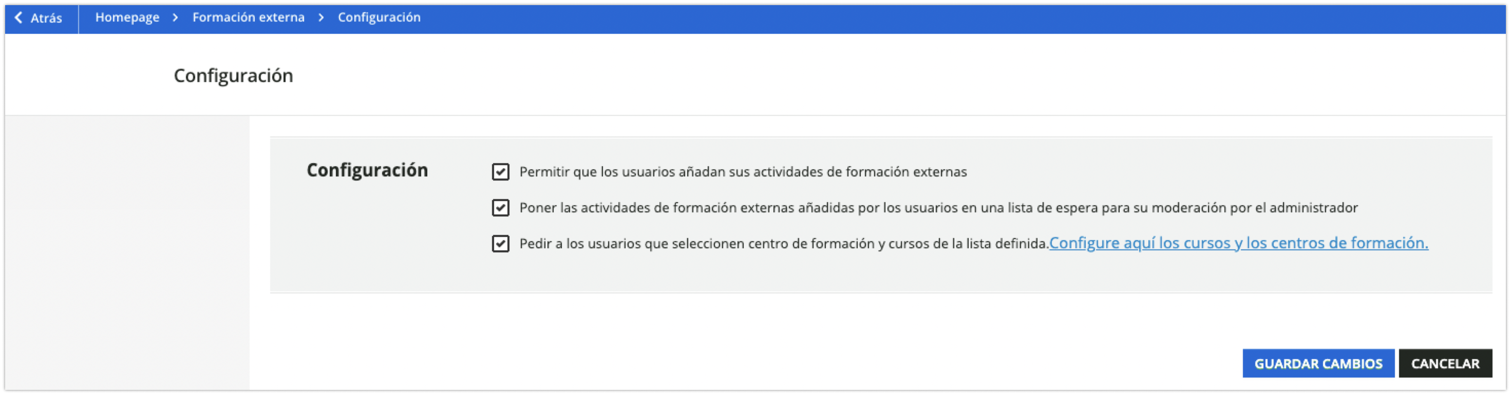 Configuración de la aplicación Formación externa