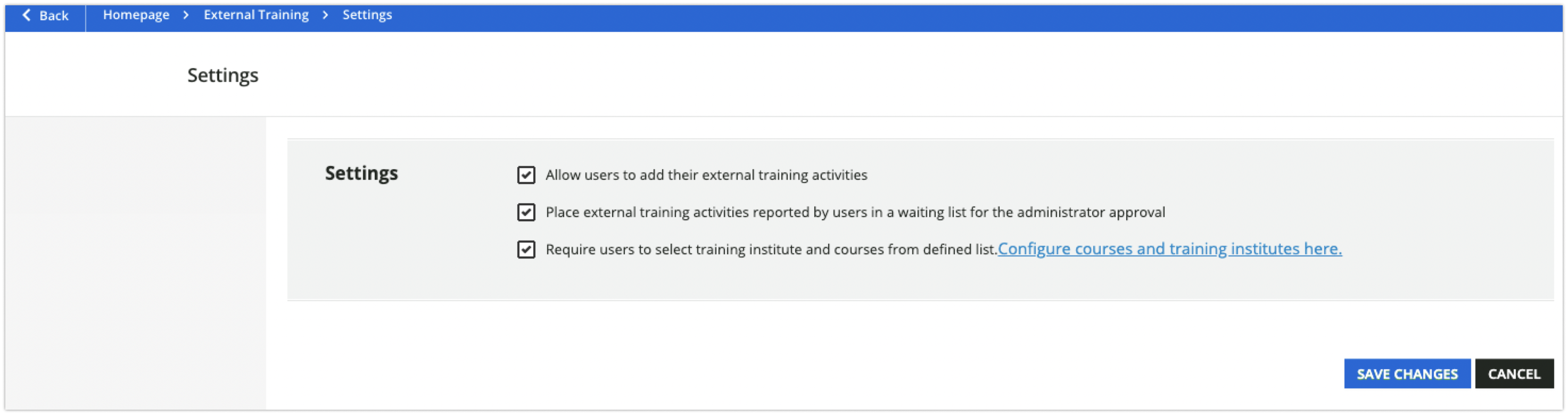 External training settings