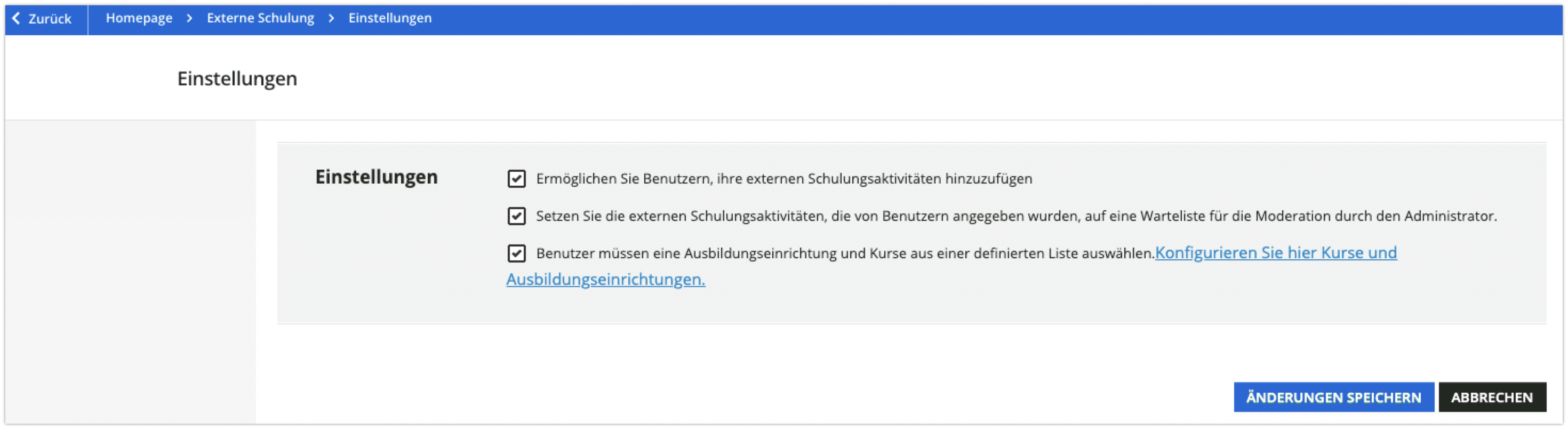Einstellungen der App Externe Schulung