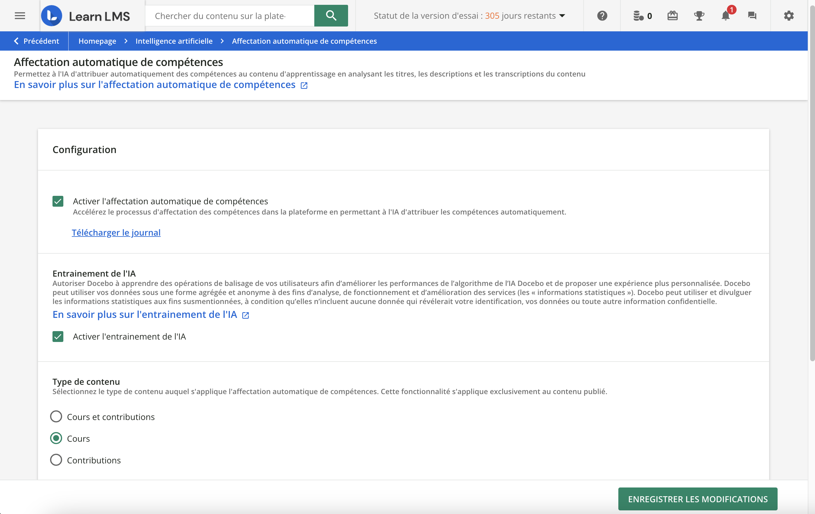 Configuration de l'affectation automatique de compétences.