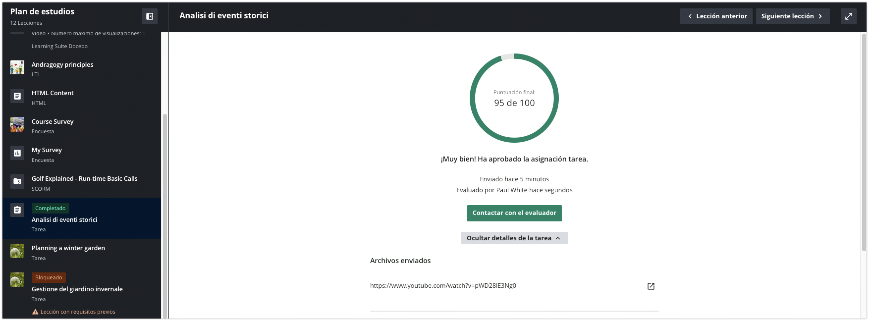 Puntuación de la tarea evaluada